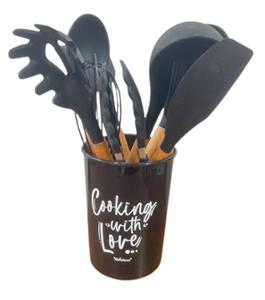 Jg 12 Pcs Utensilios de Coz. de Silicone Wellmix C/ Suporte Preto Ivory Wx13978