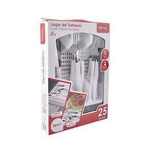 Faqueiro 24pc Inox e Plastico Bco Wellmix C/ Porta Talher Gaveta Rio Branco Wx7123
