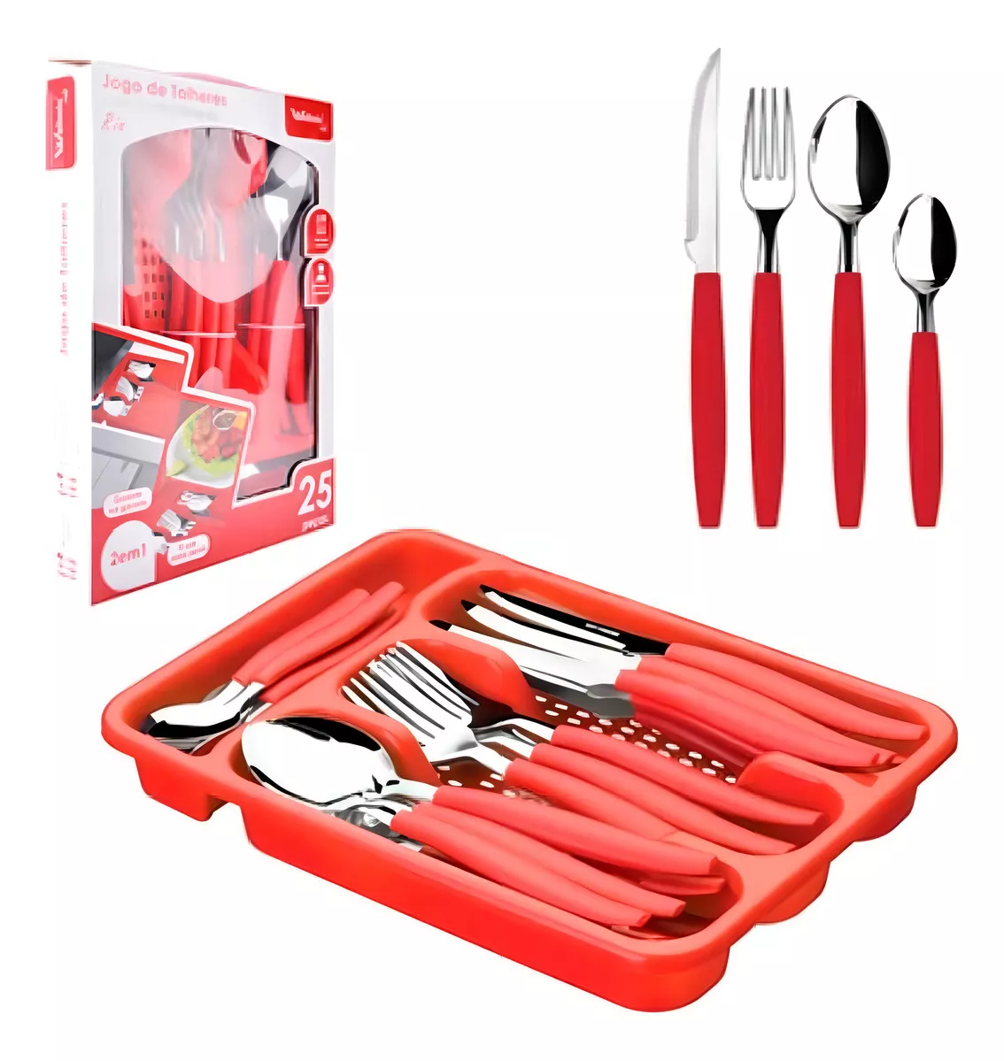 Faqueiro 24pc Inox e Plastico Verm. Wellmix C/ Porta Talher Gaveta Rio Vermelho Wx7125