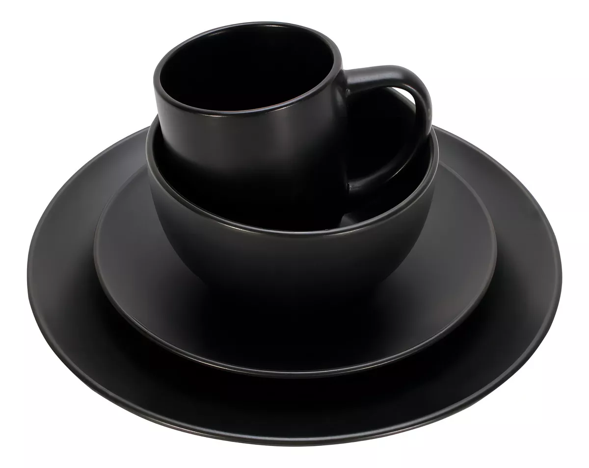Jogo De Ceramica Mabel 16 Pecas Preto - 8 Pratos/4 Tigelas/4 Canecas