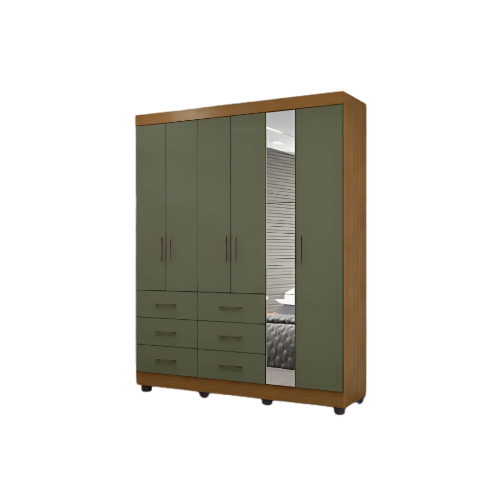 Roupeiro Topazio Josias 6 Portas 4 Prateleiras com Espelho - Cinamomo/Verde