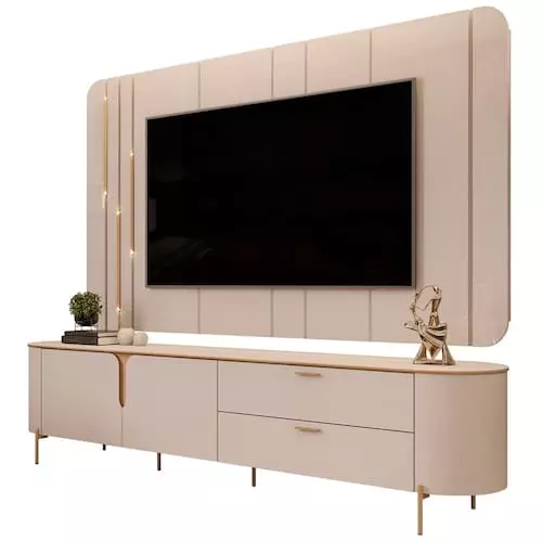 Bancada e Painel Celine DJ MDF Off White 1320mm Alt x 2410mm Larg para TV de 75