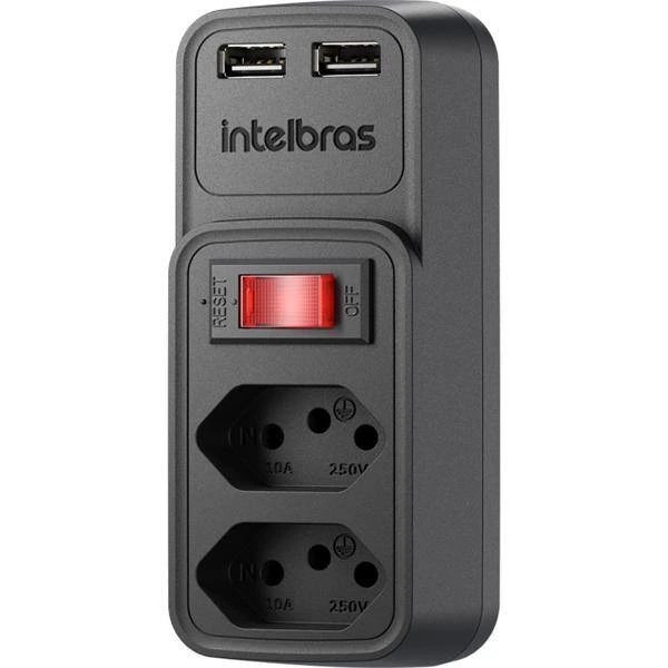 Adaptador Intelbras Eletrico Preto 2 Tomadas 2 USB - EAC 202